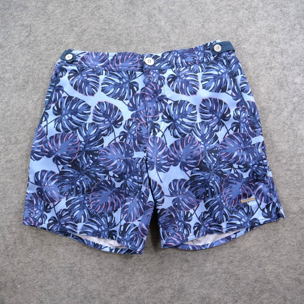 Parke & Ronen Mens Shorts 30 Blue Tropical Leaf Print Boardwear Trunks Swim